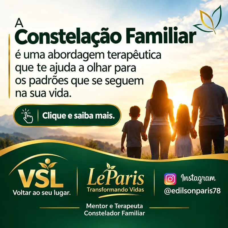 Arte do Edilson sobre os padrões que se seguem na vida, com uma família de costas, de mãos dadas, ao pôr do sol